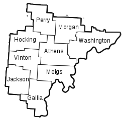 A map of Ohio showing the counties we serve, including Perry, Morgan, Washington, Hocking, Athens, Vinton, Meigs, Jackson, and Gallia.